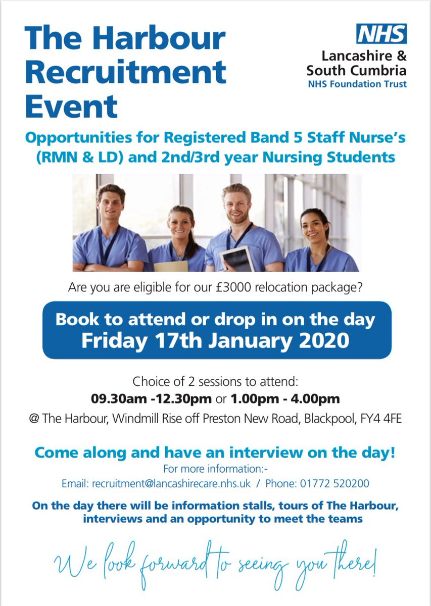 zuberpatel79's tweet photo. Staff Nurse Recruitment Day. 
Friday 17th January 2020.
The Harbour / Blackpool. 
On the day we will be Interviewing, have information stalls, tours of The Harbour, meeting teams and so on

To apply please click here - https://t.co/AQAzveXGLk…

@LSCFT_NHS https://t.co/FdbK4eqDQl