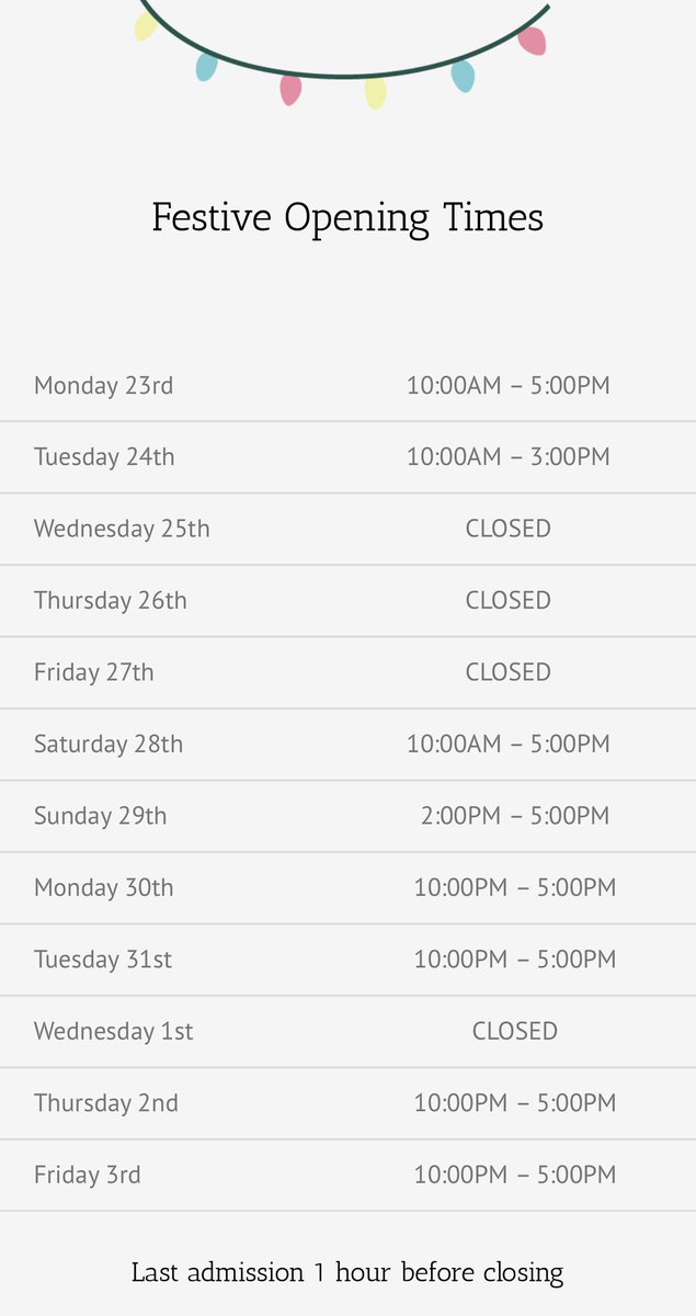 🎄🎅🏼 Festive opening times 🎅🏼🎄

Santa will be at the farm all weekend and also Monday 23rd and Tuesday 24th.  
No booking required!
The final Santa’s grotto experience is at 2PM on Tuesday 24th.