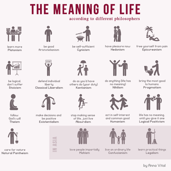 The meaning of life: 

Platonism - learn more 
Hedonism - have pleasure now 
Stoicism - be logical 
Theism - follow God's will 
Humanism - act in self-interest and common good  
Natural Pantheism - care for nature