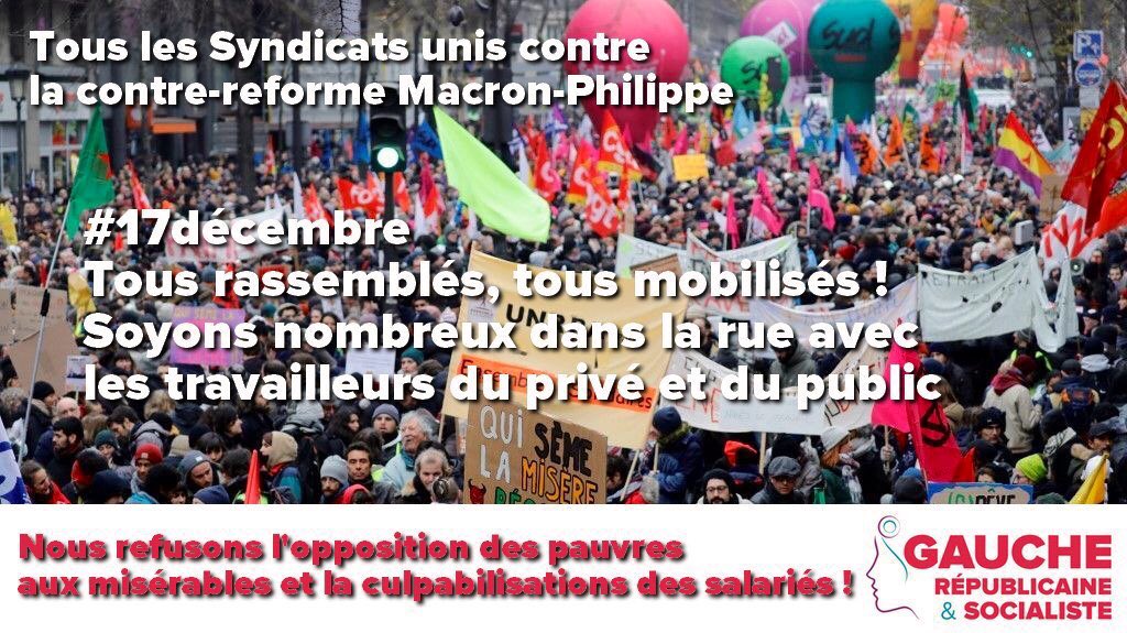 Gauche_RS's tweet photo. Nous sommes auj. aux côtés des salariés pour manifester contre le projet d’@EmmanuelMacron et du @gouvernementFR contre nos #Retraites qui a réuni contre lui ts les syndicats. Soyons nombreux &amp; mobilisés
RDV dès maintenant M° Filles du Calvaire devant 1 Bd du Temple
#17décembre https://t.co/qu3twAlU0y