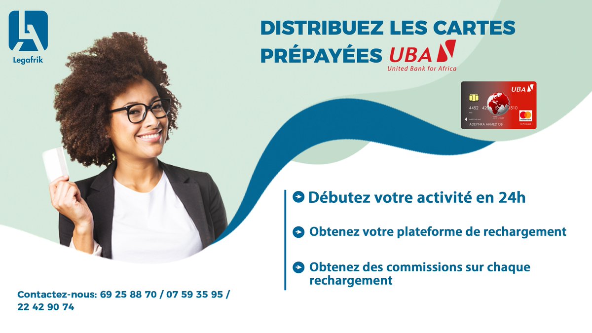 Distribuez les cartes prépayées <a href="/UBAGroup/">UBA Group</a> Côte d'Ivoire, c'est désormais possible avec legafrik!

Contactez-nous au plus vite: 69 25 88 70 / 07 59 35 95 / 22 42 90 74