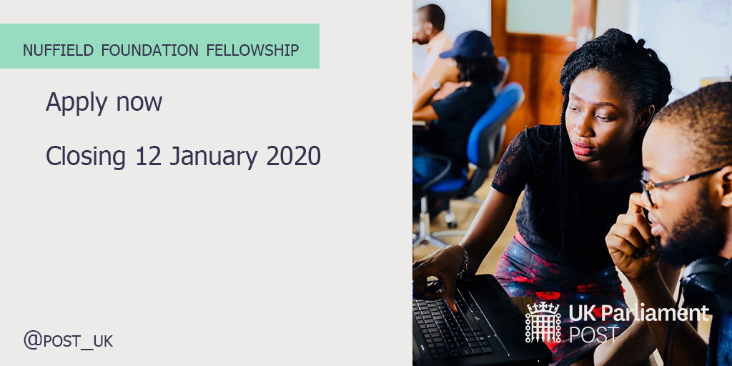 The Nuffield Foundation Fellowship is back and open for applications 🎉

Take a funded break and join POST for three months. Open to PhD students from STEMM and the social sciences.

Apply by 12 January 👉 bit.ly/2Dyybt3