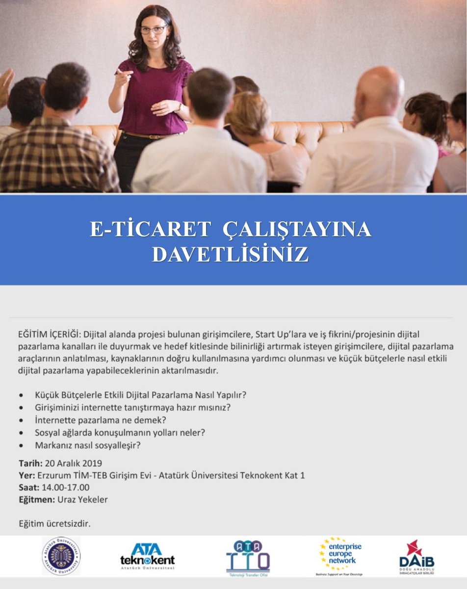 Perakende Sektör Grubu altında ATA Teknokent'te gerçekleştireceğimiz E-Ticaret Çalıştayına tüm bölge firmalarını, girişimcileri ve startupları bekliyoruz. @KosgebElazig <a href="/ErzurumYDO/">KUDAKA Erzurum YDO</a> <a href="/ersin_karaman/">Ersin KARAMAN</a> <a href="/ihracatdaib/">DAİB</a> #EENCanHelp
