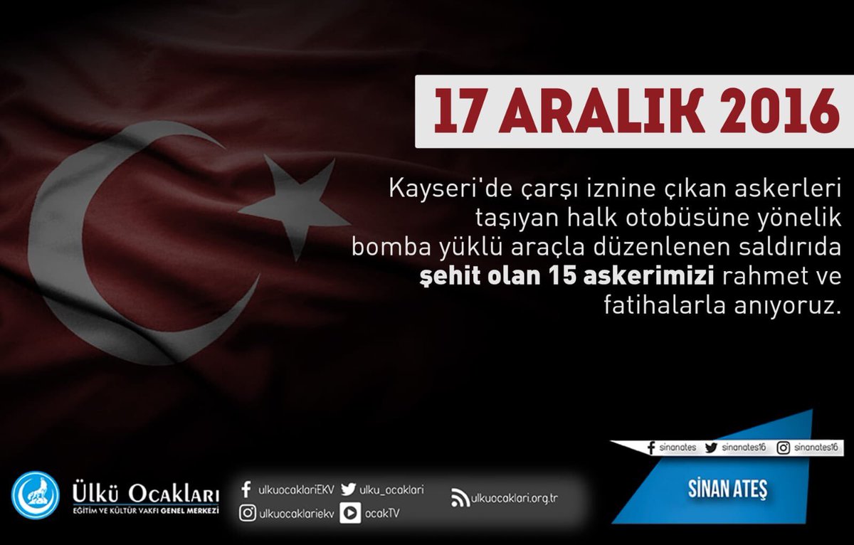 ErbakanSbf's tweet photo. #17Aralık2016

Kayseri'de çarşı iznine çıkan askerlerimizi taşıyan halk otobüsüne yönelik bomba yüklü araçla düzenlenen saldırıda şehit olan 15 askerimizi rahmet ve fatihalarla anıyoruz. https://t.co/WJut1O2kGa