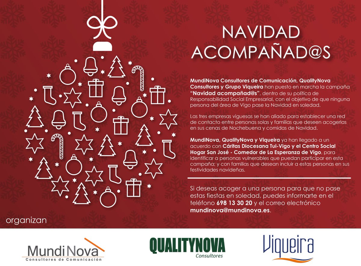 MundiNova's tweet photo. Hemos puesto en marcha, junto con @QualityNova  y @GrupoViqueira la campaña "Navidad Acompañad@s". Unimos a personas solas con familias que quieran acogerlas en sus cenas de Nochebuena y comidas de Navidad para que pasen esas fechas en compañía.+info https://t.co/ltodUpIB5a https://t.co/Xqxa7B77Li
