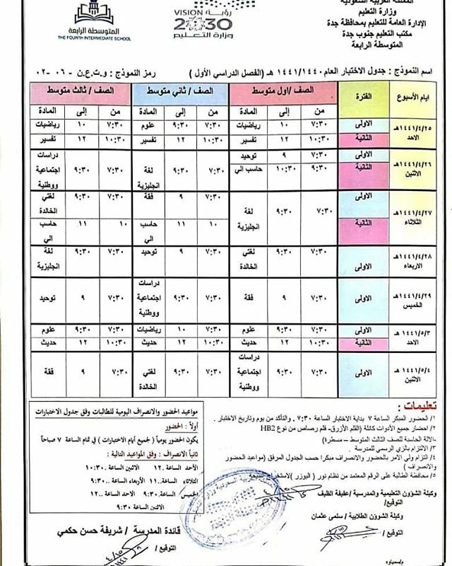 4th_middle's tweet photo. جدول اختبار الفصل الدراسي الأول لجميع المراحل لعام 1440_1441
بالتوفيق لجميع الطالبات https://t.co/42sI0nBmtw