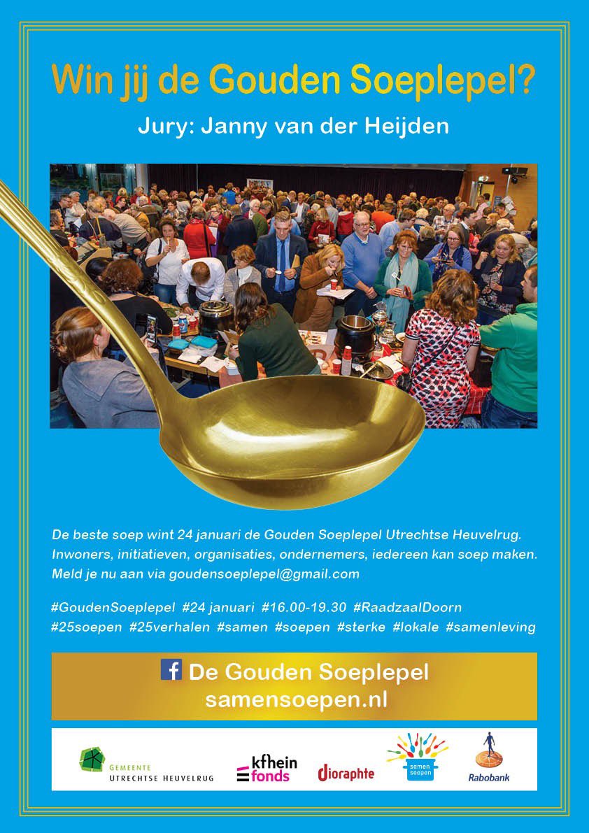 <a href="/GoudenSoeplepel/">De Gouden Soeplepel</a> is de leukste &amp; lekkerste wedstrijd voor iedereen in de <a href="/gem_heuvelrug/">Utrechtse Heuvelrug</a> 
Doe mee met een lekkere 🍲 met een goed verhaal en win de #GoudenSoeplepel uit handen van Janny van der Heijden. Meer info: samensoepen.nl
RT van dit bericht wordt zeer gewaardeerd💛