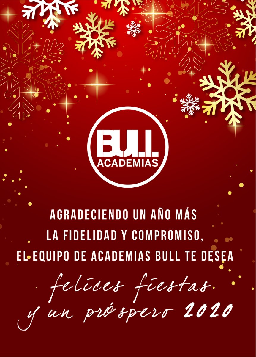 AcademiaBull's tweet photo. Un año más, queremos agradeceros vuestra confianza y fidelidad 🎄 ¡Academias Bull os desea felices fiestas y próspero 2020! 🥂 

#AcademiasBull #FelizNavidad #FelicesFiestas https://t.co/H3WZasmCaG