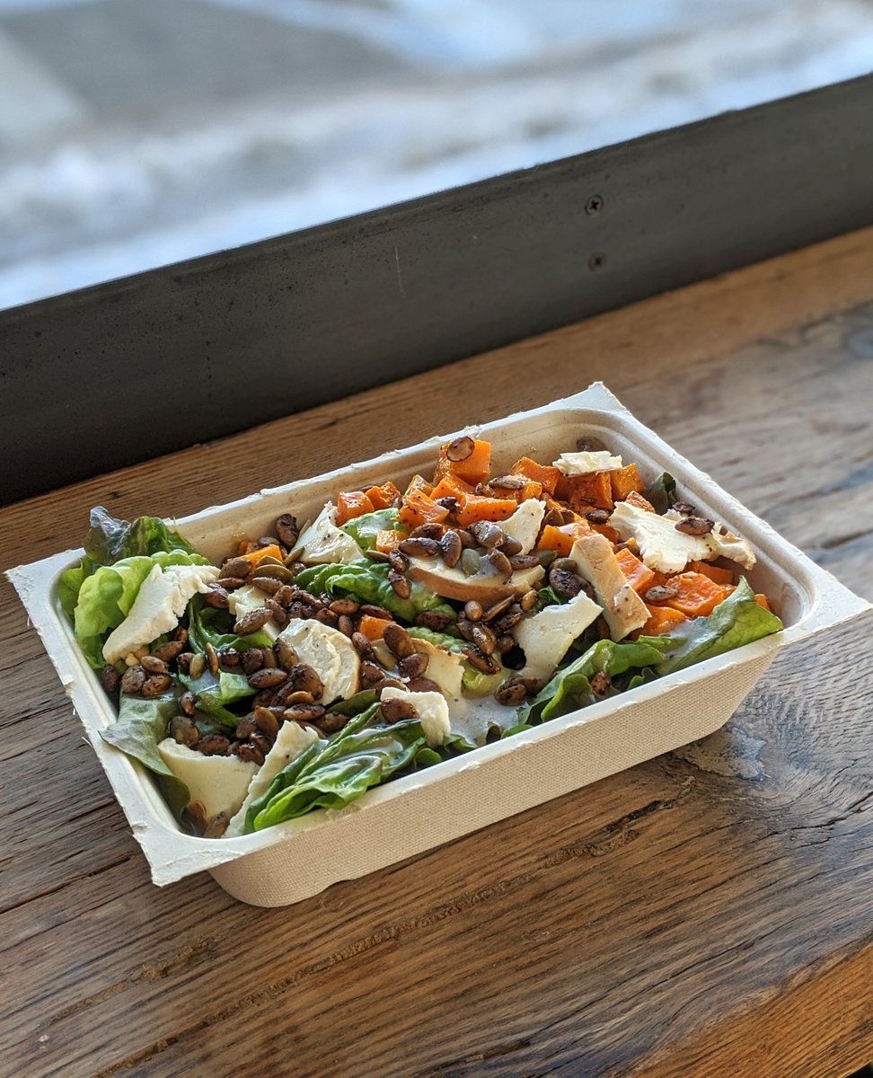 FarmFreshRI's tweet photo. This winter our seasonal Gately Salad has spiced pepitas, roasted butternut, radish, @RIcheeses smoked mozz & @CarrsCiderhouse #switchel vinaigrette. It's named for our historic building, restored by @PCF_Development #HarvestKitchen #LocalFoodCafe M-F 8a-3p #2BayleySt #Pawtucket https://t.co/k3Vq89DSfb
