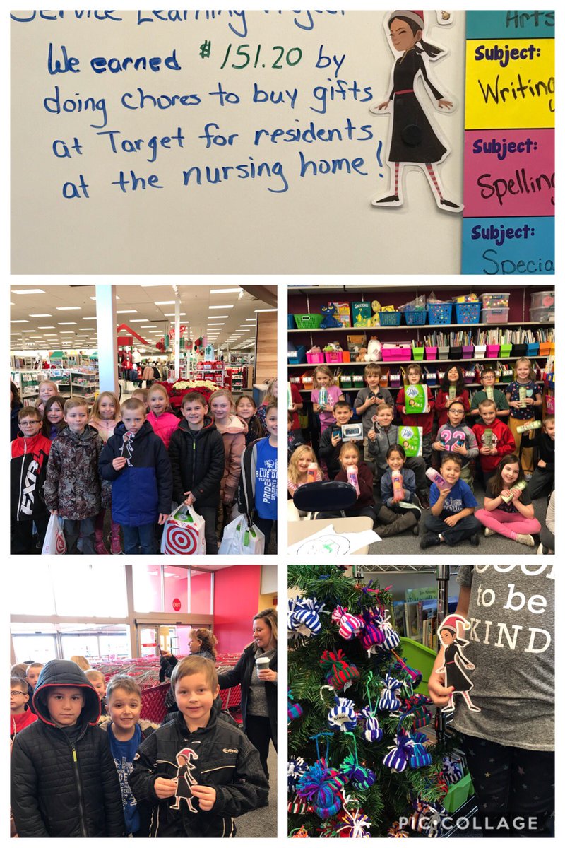 amyclu's tweet photo. @AlaneAdamsBooks Our class raised $151 by doing chores and went to Target with #FlatAbbyontheshelf to shop for items for nursing home residents. We also made them hat ornaments from yarn! We are wrapping the gifts today, delivering them tomorrow and singing to the residents! #kindness #flatAbby https://t.co/siRt6gtmwS