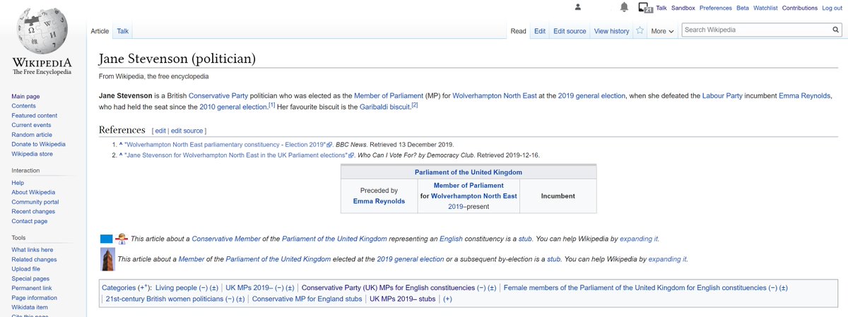 Part 13: Jane StevensonThe new MP for Wolverhampton North East. We don't know much about her yet, apart from the fact that 'her favourite biscuit is the Garibaldi biscuit'.  https://en.wikipedia.org/wiki/Jane_Stevenson_(politician)