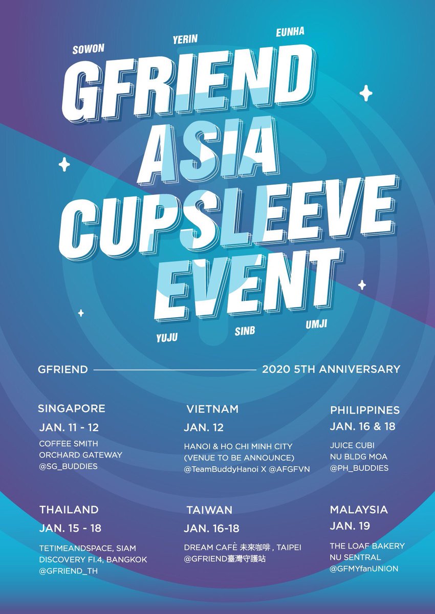 SG_BUDDIES's tweet photo. GFRIEND ASIA CUPSLEEVE EVENT
Date: 11-12 January 2020
See you there!

In collaboration with: 
@GFMYfanUNION 
@PH_Buddies 
@GFMYfanUNION
@GFRIEND_TH 
@TeamBuddyHanoi 
臺灣守護站::Taiwan Buddy DingDing

@GFRDofficial 
#GFriend #여자친구 #AsiaCupSleeveEvent #OurGfriend https://t.co/n8lQOel57C