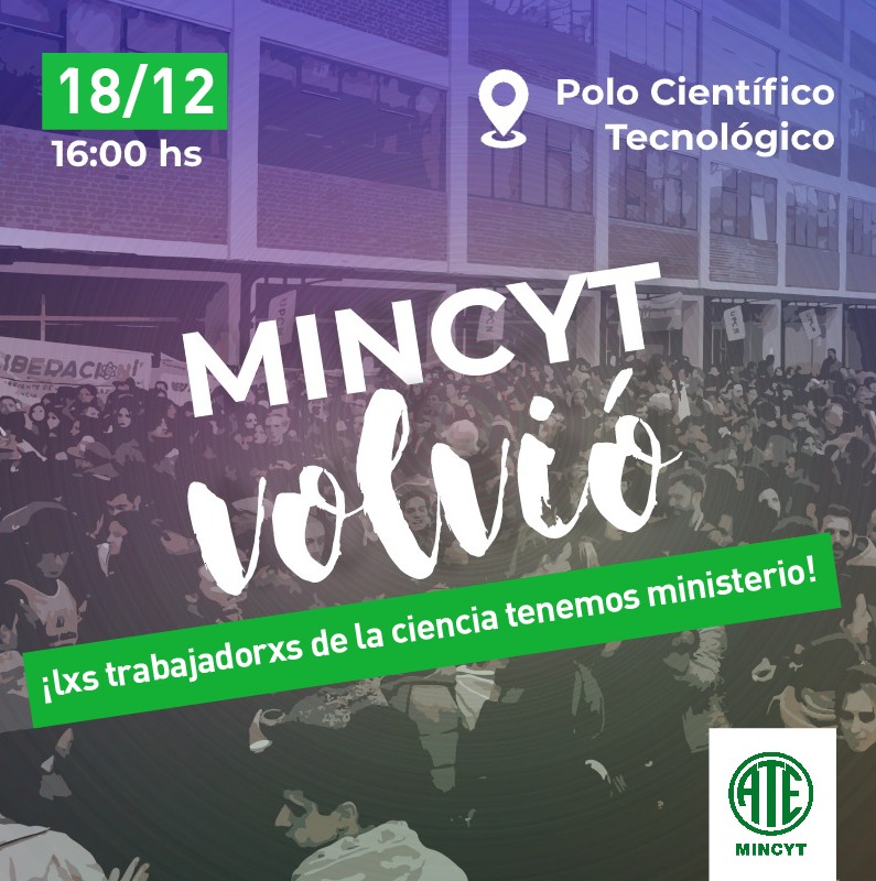 ATEmincyt's tweet photo. Mañana lxs esperamos en el Polo para celebrar que tenemos Ministerio! #MinCyTVolvió https://t.co/ZDNUGx6xYB