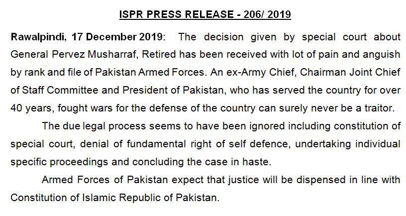 Statement on decision by Special court about General Pervez Musharraf, Retired.