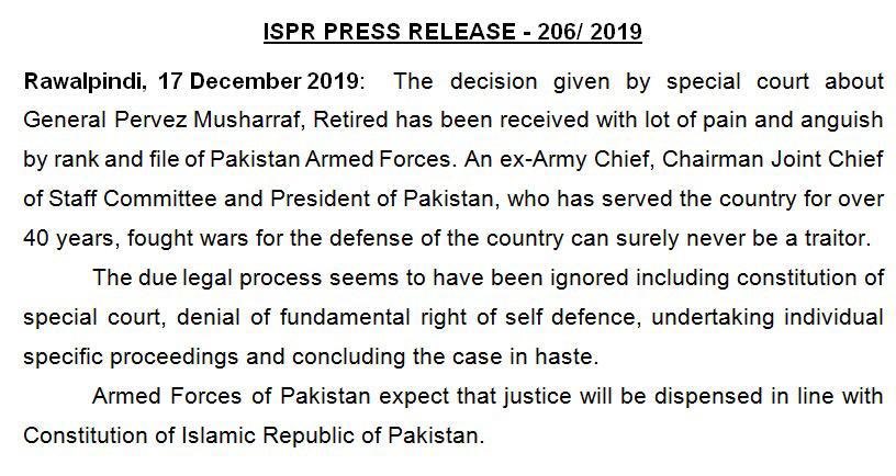 OfficialDGISPR's tweet photo. Statement on decision by Special court about General Pervez Musharraf, Retired. https://t.co/C9UAMT1E4W