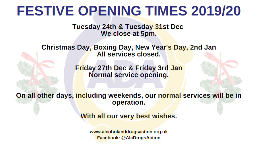 AlcDrugsAction's tweet photo. As the festive period approaches, here is some info on our restricted services on the public holidays. Wishing all our service users, staff, volunteers and colleagues very best wishes. #enablerecovery https://t.co/u0dDYCo46J