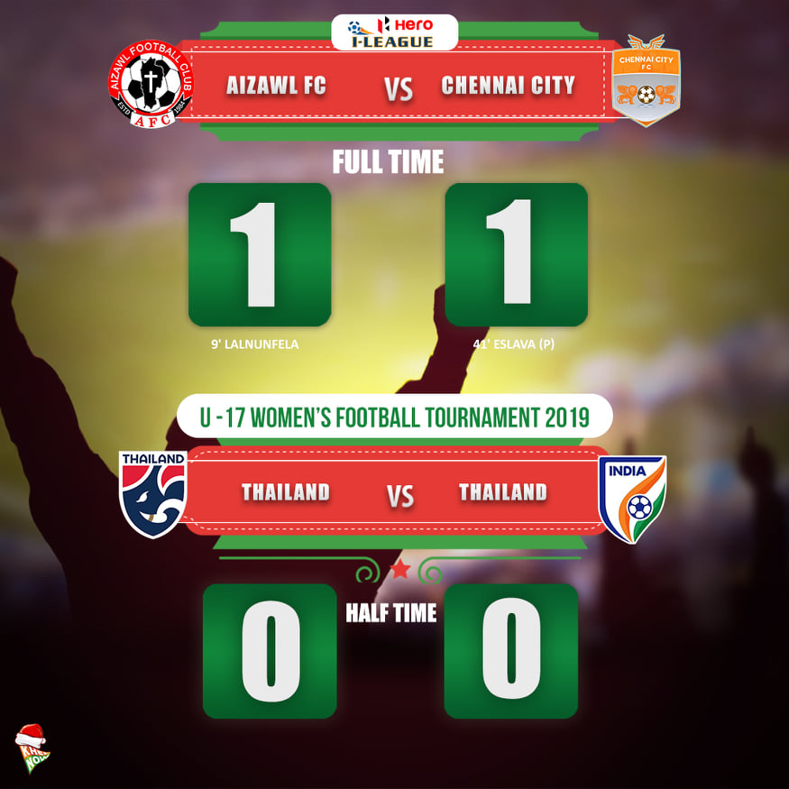 KhelNow's tweet photo. 🚨FULL TIME🚨

The @IndianFootball is level with Thailand in the half time while @AizawlFC and @ChennaiCityFC share the spoils in the #HeroILeague.

#IndianFootball #AFCCCFC #ShePower #BackTheBlue #ShePower #U17WomensFootball https://t.co/u97yorrnzn