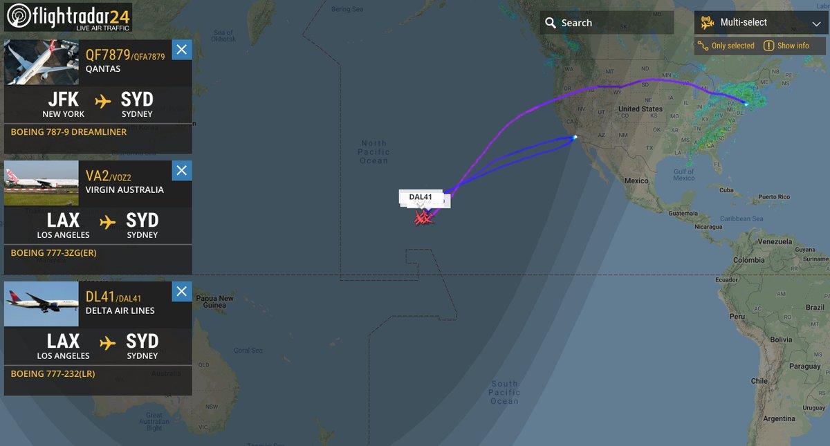 flightradar24's tweet photo. #QF7879 in a three-way race with #DL41 and #VA2 now. Track all three together at https://t.co/Q1F926aa7R https://t.co/kIVJejMd6x