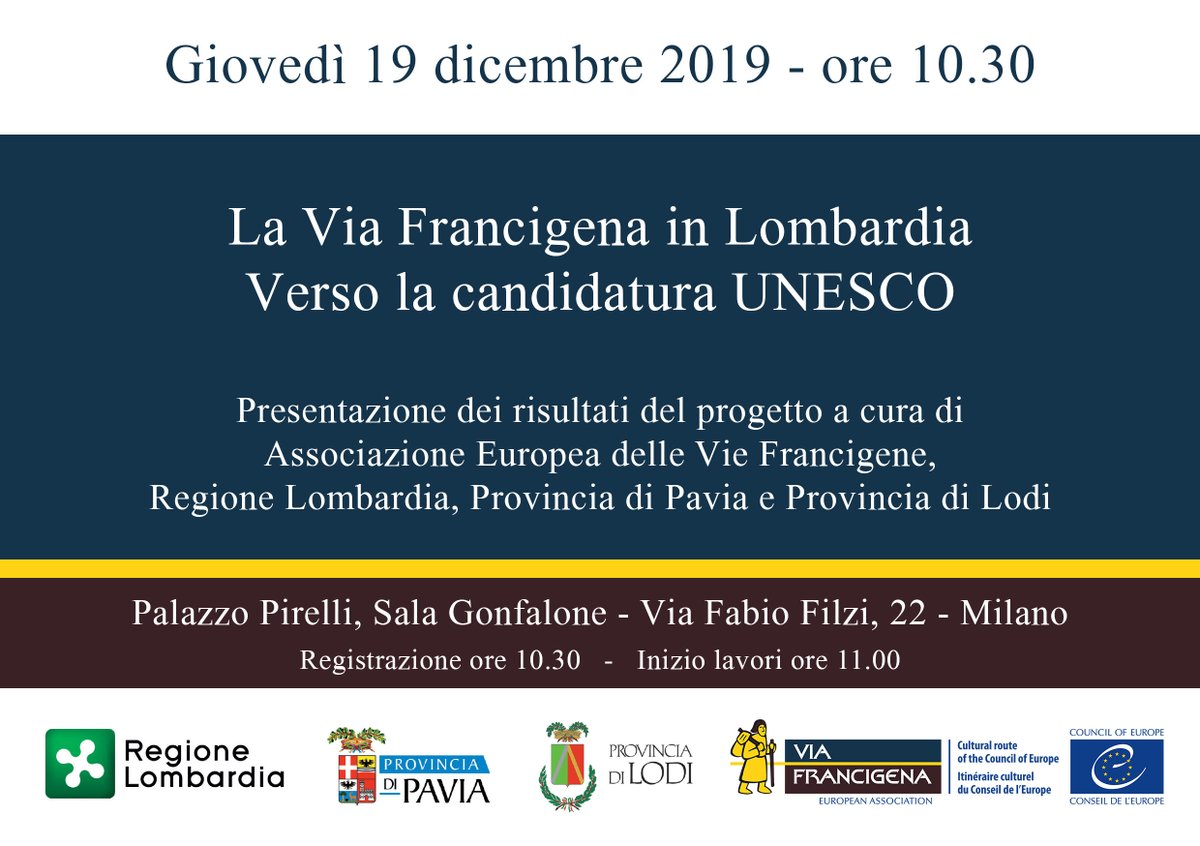 ViaFrancigenaEU's tweet photo. 📌Giovedì 19 dicembre a #Milano verranno presentati i risultati del progetto "La #ViaFrancigena in #Lombardia. Verso la candidatura #UNESCO”.

#provinciapavia #provinciadilodi #regionelombardia #lombardia #aevf #lombardia https://t.co/BpslUZ5XQr