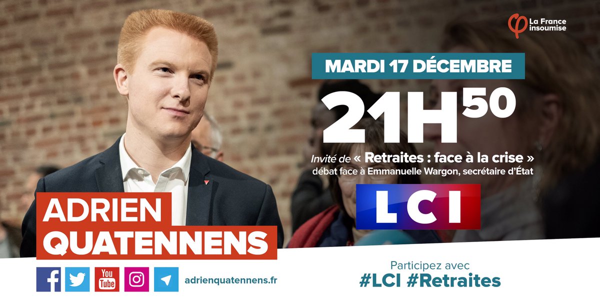 AQuatennens's tweet photo. 📺 Ce soir, à 21h50 sur @LCI, je débattrai avec la ministre @EmmWargon dans l’émission spéciale consacrée aux #Retraites. 
➡️ Participez avec #LCI #greve17decembre https://t.co/UKWuHs2Fp2