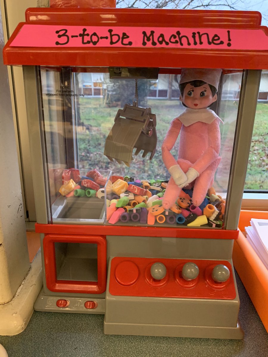 Peppermint got stuck in our 3-To-Be Machine last night. 😱 #ClassroomElf #ElfOnTheShelf #ThirdGrade #MillerESRocks #Classroom #Teacher