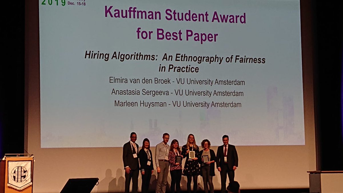 We are very proud that our <a href="/elmiravdbroek/">Elmira van den Broek</a>  <a href="/ASergeevaKIN/">Anastasia Sergeeva</a> and <a href="/marleenhuysman/">marleen huysman</a> just received the Kauffman Student Award for best paper at #ICIS2019  for their paper on "Hiring Algorithms: An ethnography of Fairness in practice"  Congrats! <a href="/VU_SBE/">VU School of Business and Economics (inactief)</a>