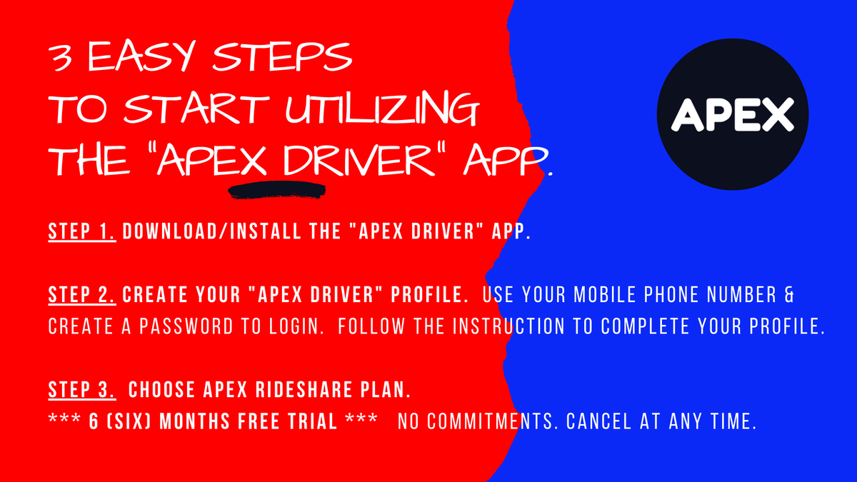 TryAPEX's tweet photo. 3 Easy Steps to START utilizing the APEX Driver app.
Try 6 (Six) Months FREE Trial - No commitments. Cancel at any time. #apex #apexdriver #uber #uberdriver #lyft #lyftdriver #rideshare #delivery
https://t.co/Qji7v8QNBK https://t.co/76vwRobPyU