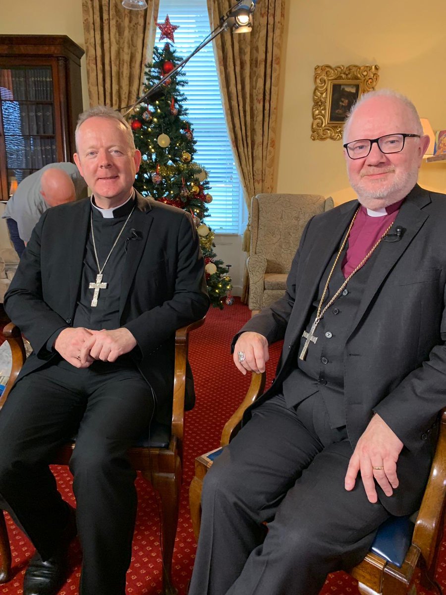 CatholicBishops's tweet photo. Preparing in #Armagh with @RTE for their #ChristmasDay broadcast @ArchbishopEamon & Archbishop Richard Clarke of @churchofireland together with local students from St Catherine’s College and @rsarmagh #creation #LaudatoSi #GreatGreenWall #LaudatoTree @VaticanIHD @rogerchilds2u https://t.co/0dcffsIK84