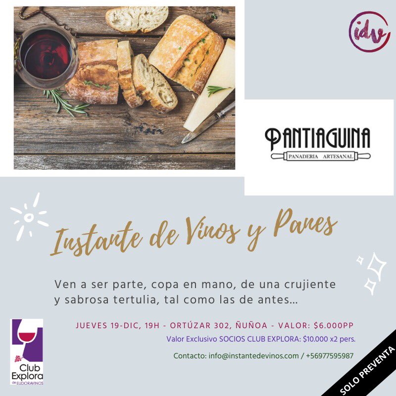 Por qué no juntarnos a conversar y compartir acompañados de 🍷 y 🥖?? SÚMATE este jueves 19-dic, 19h en <a href="/pantiaguina/">Pantiaguina</a> con vinos seleccionados por <a href="/EudoraVinos/">EudoraVinos / Comparte lo Bueno</a>. ¡Te esperamos! #vino #emprendedores #barrio 🙏🏼