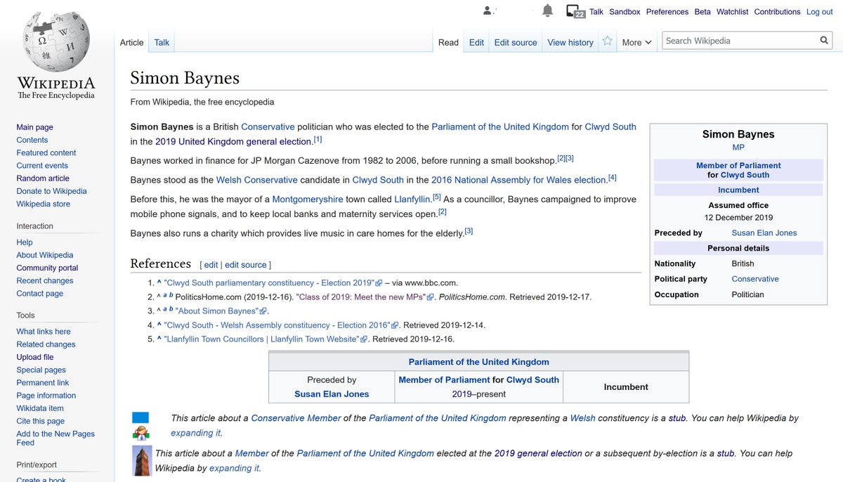 Part 19: Simon BaynesSeems obvious to me that some MPs have already been editing their own Wikipedia pages. Mr Baynes' page mentioned his charity work, but not the fact that he worked for JP Morgan for 24 years. I had to rectify that.  https://en.wikipedia.org/wiki/Simon_Baynes