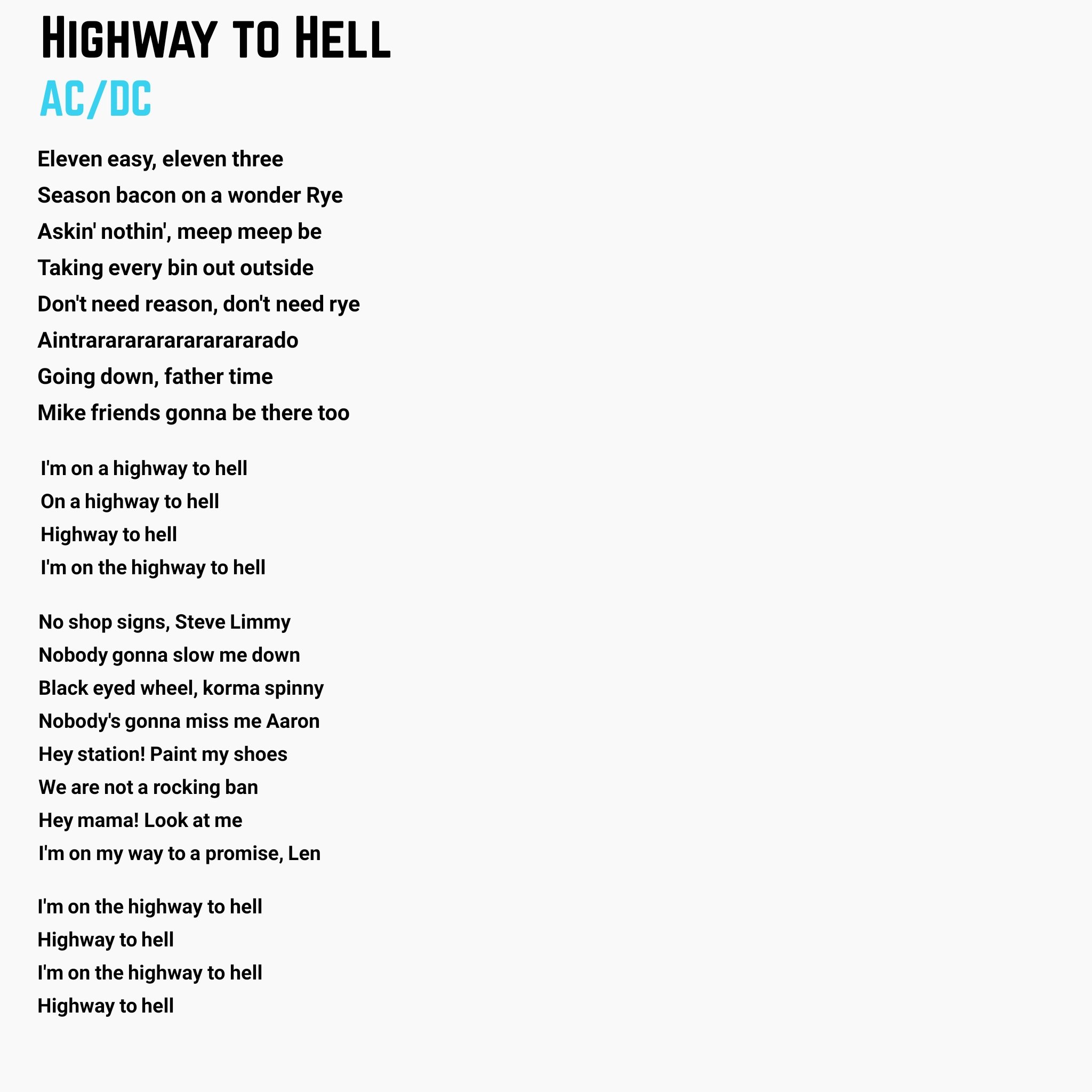 Joe Heenan I Could Never Make Out The Lyrics To Highway To Hell By Ac Dc So I Googled It Incredible Stuff T Co Ypar3gzwqw Twitter