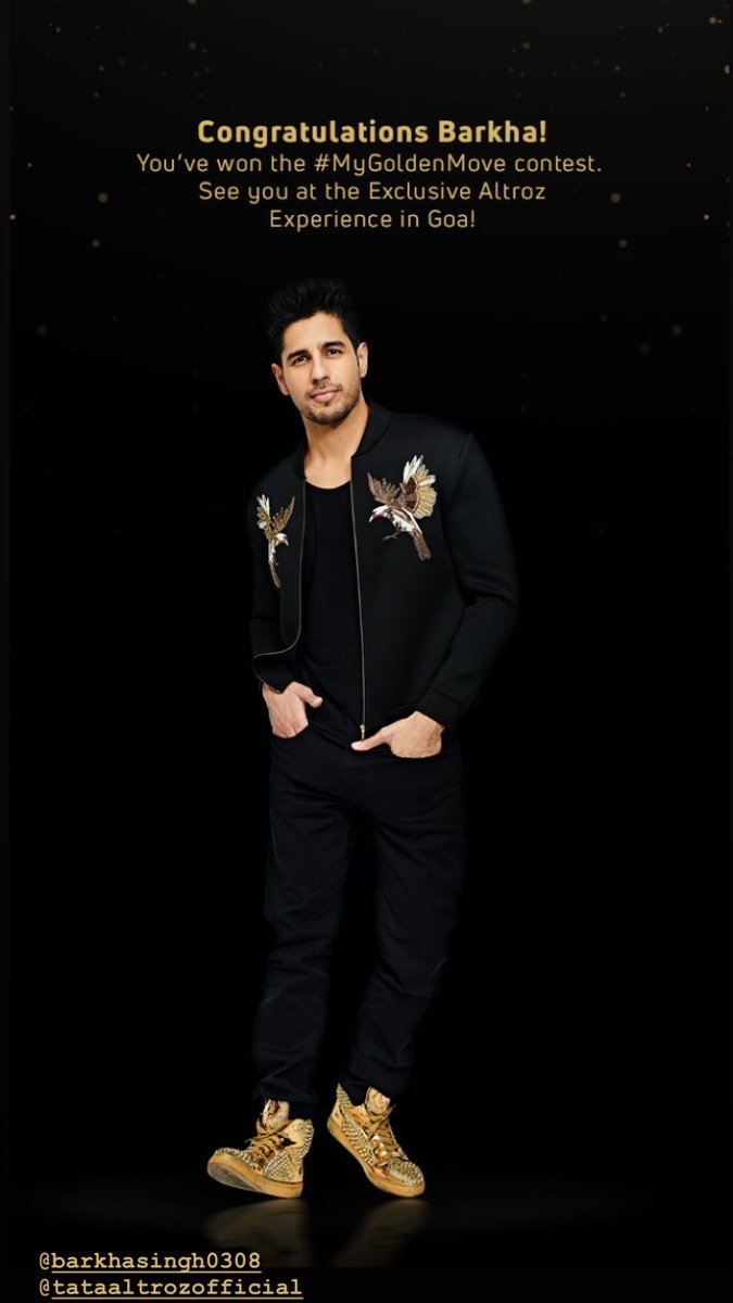 S1dharthLovers's tweet photo. @SidMalhotra's Latest IG Story:
Congratulations Barkha! You've won the #MyGoldenMove Contest.
See you at the Exclusive Altroz Experience in Goa! https://t.co/BcXYoclkzE