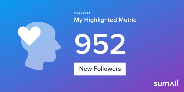 Dev9958's tweet image. My week on Twitter 🎉: 952 New Followers. See yours with sumall.com/performancetwe…