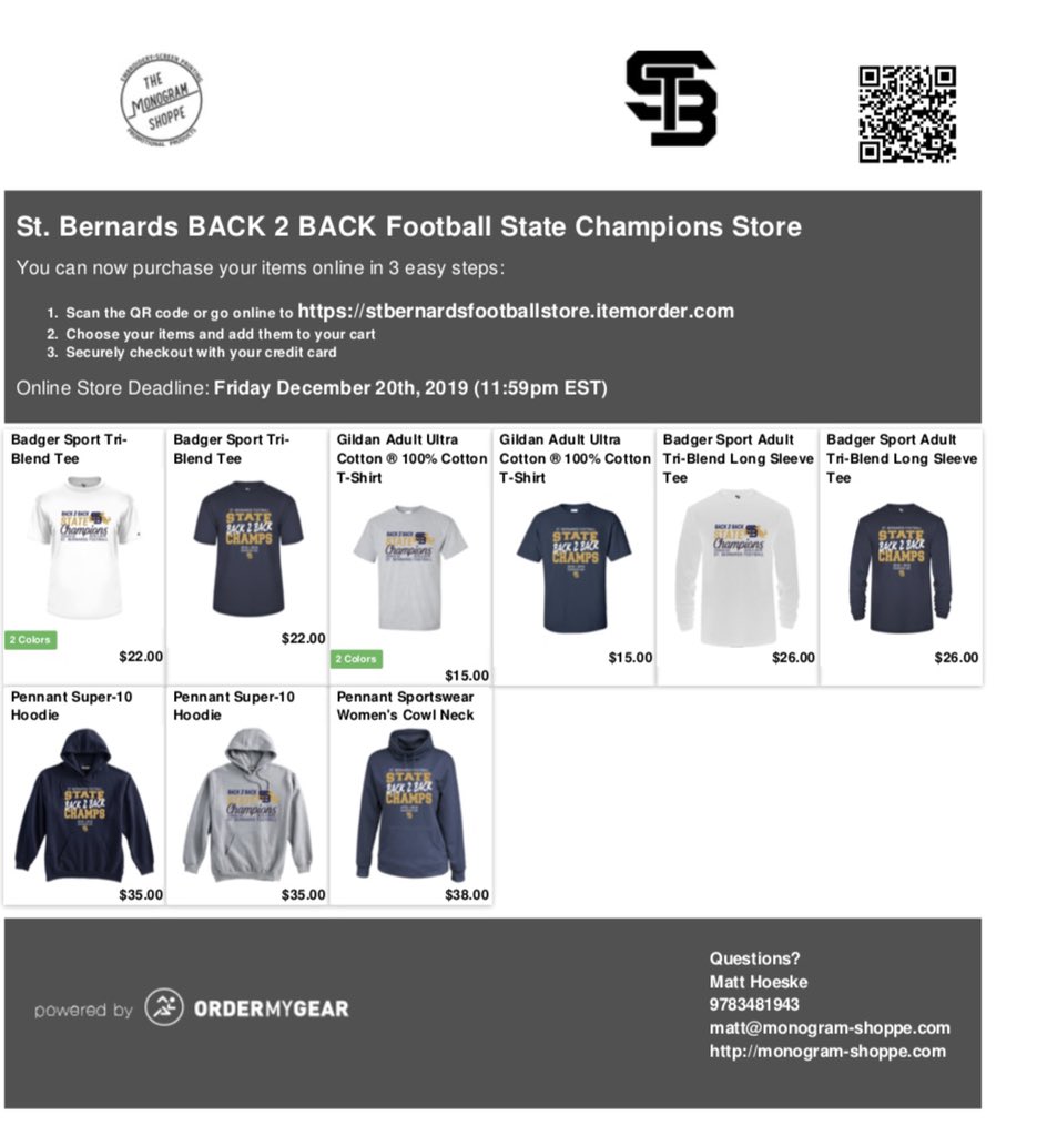 🚨Reminder🚨 FB State Championship Store closes in 3 days , get your gear before it’s too late ! 🏆🏈🏆 #back2back <a href="/stbfootball/">St. Bernard’s Football</a> <a href="/StBernardsCCHS/">St. Bernard's CCHS</a> <a href="/_DawgPound_/">DAWG POUND</a>  stbernardsfootballstore.itemorder.com/sale?read_mess…