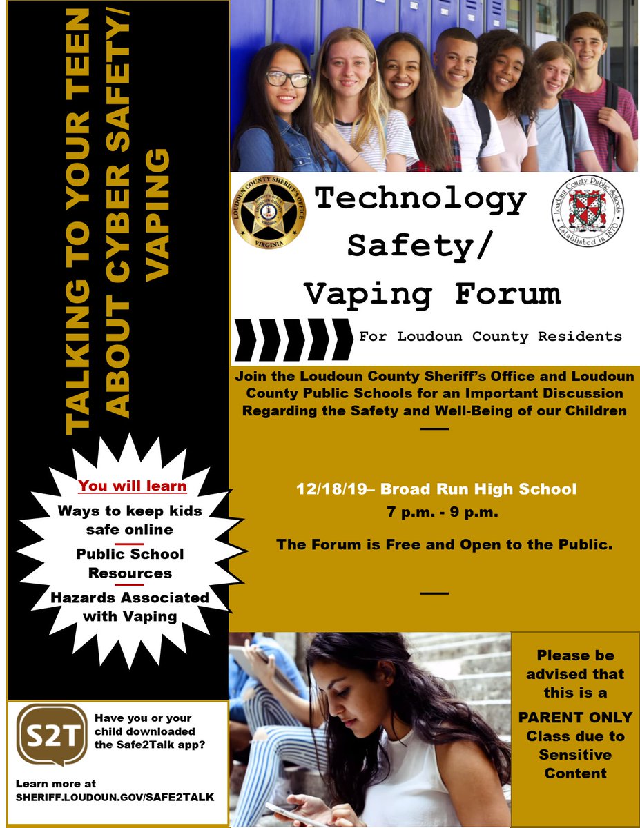 LCSO &amp; <a href="/LCPSOfficial/">LCPS News</a> Student Assistance Services to hold the final forum in 2019 for parents on Technology Safety &amp; Vaping Awareness <a href="/BroadRunHS/">Broad Run HS</a> on 12/18 at 7PM. Topics discussed include ways to keep kids safe online &amp; the hazards associated with vaping. <a href="/lcpspeer/">LCPSPEER</a> <a href="/lcpsstudent/">LCPS Student Assistance Services</a>