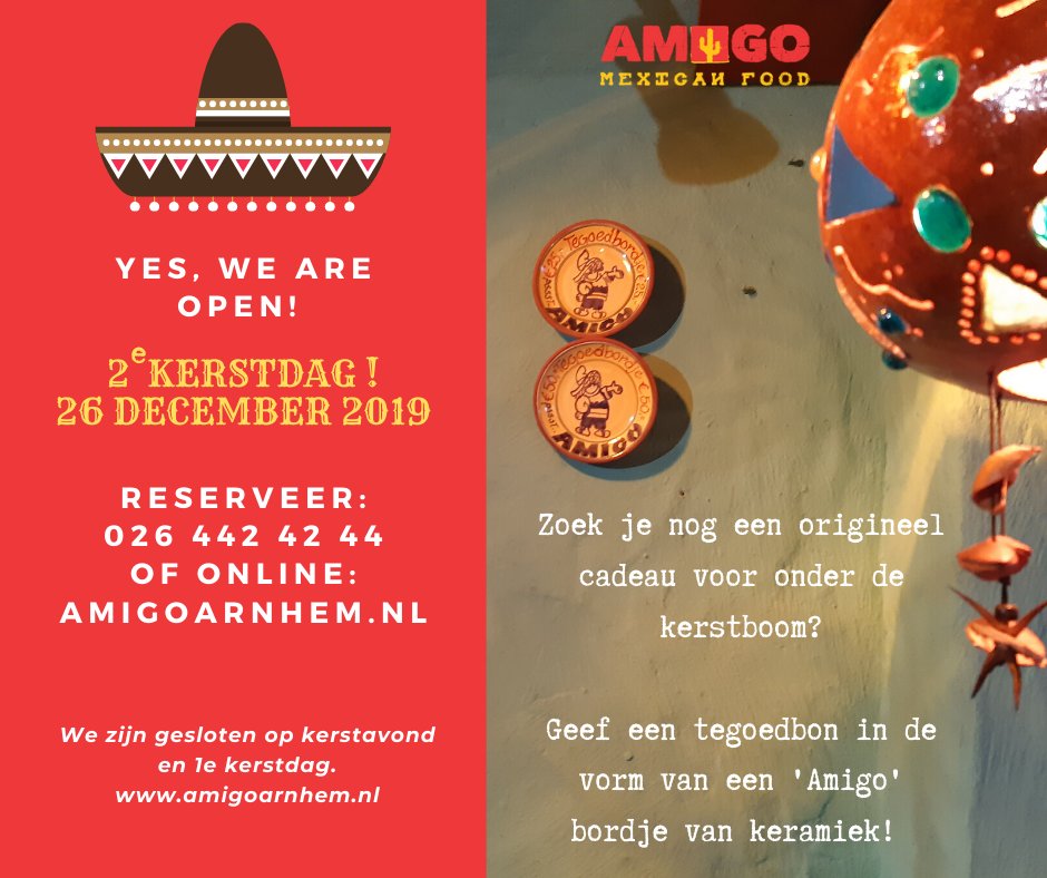 AmigoArnhem's tweet photo. 👉 Op 26 december staan we met het hele Amigo team voor jullie klaar! 🎄🎄
Tradities zijn er om in ere te houden! Ook dit jaar zijn wij 2e kerstdag geopend! 🌟
Laat de boel de boel en reserveer online https://t.co/q8Gm70H7NG of telefonisch! Felice Navidad! #mexican #Xmass https://t.co/q2Ox0ui1Hq