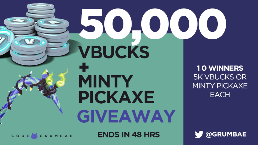 More giveaways for 10 lucky winners, 50k vbucks (5k each) or a minty pickaxe (winners choose), all u have to do to enter:

1. Like &amp; Retweet this tweet
2. Follow <a href="/grumbae/">Grumbae ™®</a> 
3. Follow <a href="/DamnModzStore/">DamnModz</a> 
4. Follow <a href="/ItsMissMedic/">Sophieeee ♡ ItsMissMedic ♡</a> 

Will be giving 2 loyal followers 5k-VB each as an extra