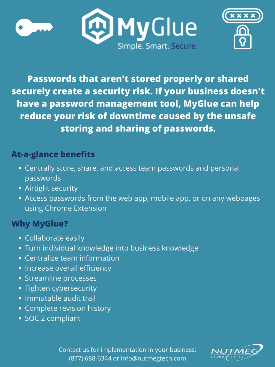 Does your business have a password management tool? Passwords that aren't stored properly or shared securely create a security risk. MyGlue allows our clients to store, share, and access all their team-based passwords, as well as personal passwords, in a secure platform.