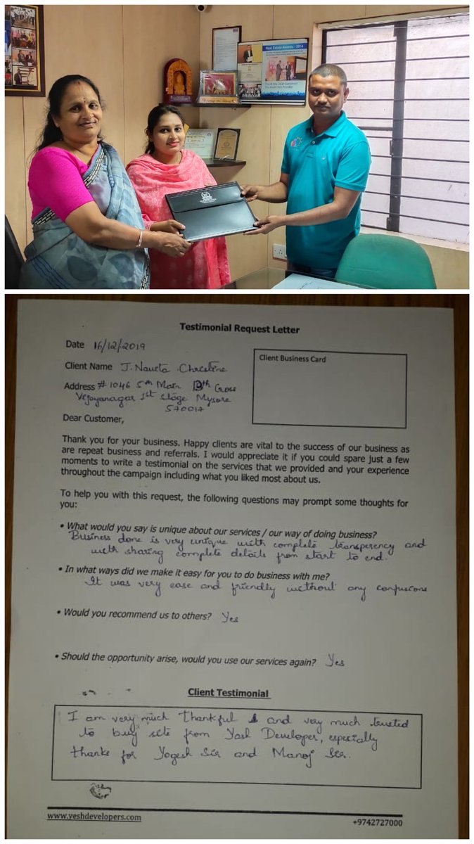 YeshDevelopers's tweet image. Client testimonials are reassuring and help us to up our service levels. 

It was a pleasure servicing Navita Christine from Kolkata 

#happycustomers #clienttestimonials #yeshdevelopers #plotsofprosperity