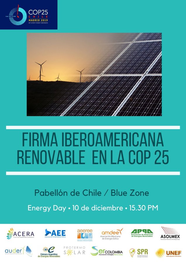 aeeolica's tweet photo. HOY 15h30 Firma Iberoamericana #EERR Blue Zone #COP25Madrid. Juntos podemos acelerar hacia una transición energética renovable #COP25 #WINDforPlanet
@SPR_peru @SERCOLOMBIA01 @CaderRenovables @aeeolica @UNEFotovoltaica @auderuy @ASOLMEX_AC
@AMDEEMX @AEEREE1 @APPA_Renovables https://t.co/CiC9Ewbs10