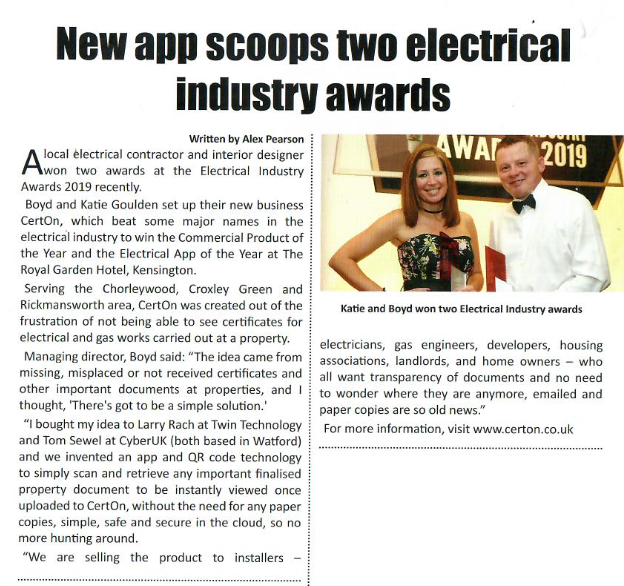 twin_technology's tweet photo. Incredibly proud of team @CertonL on winning not just one, but two Electrical Industry awards this year! 😄🙌

- App of the year 
- Commercial product of the year

@wearecyber @mylocalnews_uk #CertOn https://t.co/uAepRBrkfI