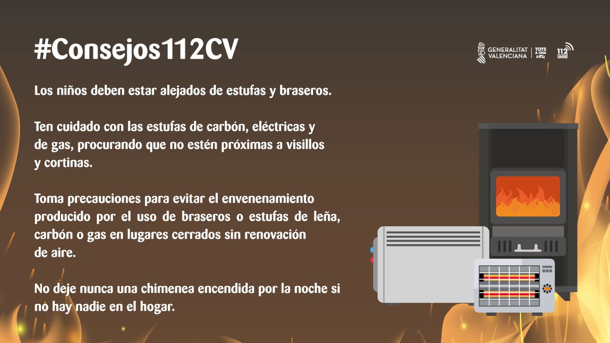 GVA112's tweet photo. Son muchos los incidentes que, lamentablemente, se producen al inicio de los primeros fríos ❄️❄️ como consecuencia de la utilización de estufas eléctricas y de gas, braseros....utilízalos #AmbTrellat #ConConocimiento y sigue estos #Consells112CV que te ofrecemos⬇️ https://t.co/50lBqlGxkM