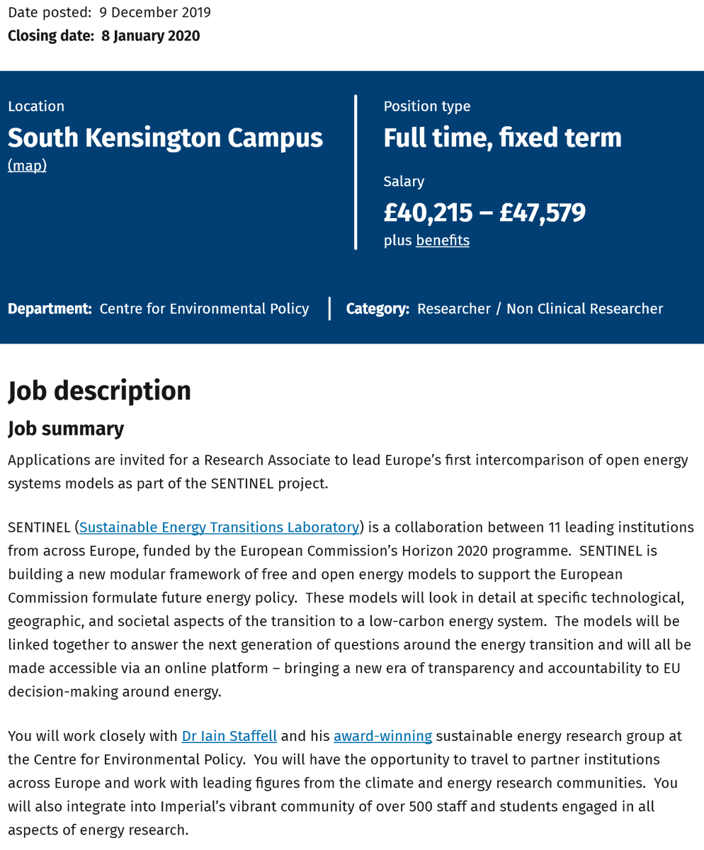 🚨 JOB ALERT 🚨

I’m looking for a Research Associate to work with amazing colleagues from all over Europe building and testing the next generation of energy system models for the European Commission!  Up to £47k in the amazing <a href="/IC_CEP/">Centre for Environmental Policy, Imperial</a> at <a href="/imperialcollege/">Imperial College London</a>

imperial.ac.uk/jobs/descripti…