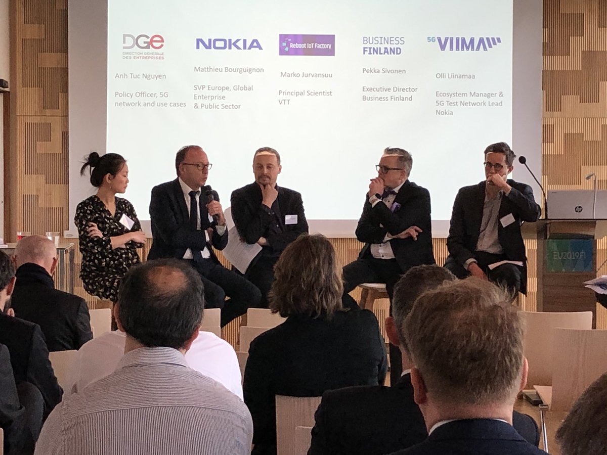 MarcianoGilbert's tweet photo. 10th dec Round table #Industry40 on going in Finland Ambassy with @BusinessFinland @DGEntreprises 5GVIIMA and Reboot #IOT factory. @MatBourguignon @nokiaindustries iexplaining how #5G digital twin in the edge cloud will unify communications between fragmented industrial systems https://t.co/Wk4vbBpJnF
