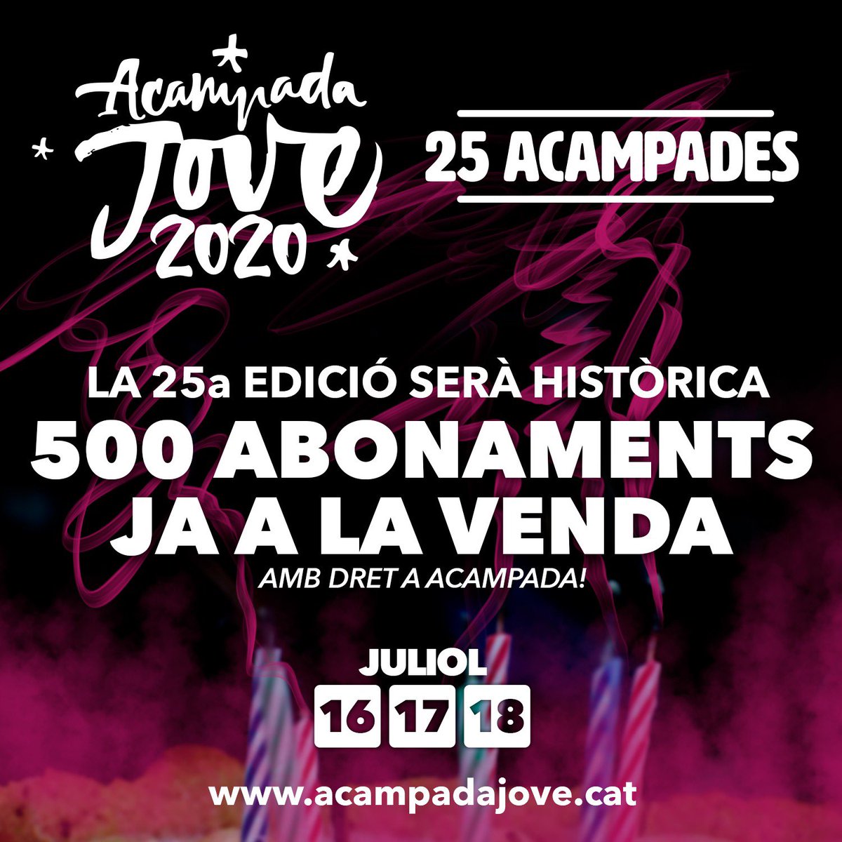 acampadajove's tweet photo. •500 ABONAMENTS a 44€•

Ja estan disponibles els abonaments 🎫 de tres dies amb dret a acampada de les #25Acampades!🏕🥳

📲 https://t.co/66SyI2dalL

No et quedis sense venir a l'Acampada Jove més gran de la història 🔝 https://t.co/8iZvpAnS5h