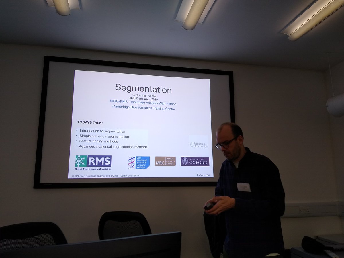 faldalf's tweet photo. Time to learn image analysis with #Python properly. Very happy and grateful to be at the image analysis course #IAFIGRMS @RoyalMicroSoc Segmentation is so much more than thresholding. Great talk and practical by @dwaithe @MRC_WIMM https://t.co/AEqrNH9nZE