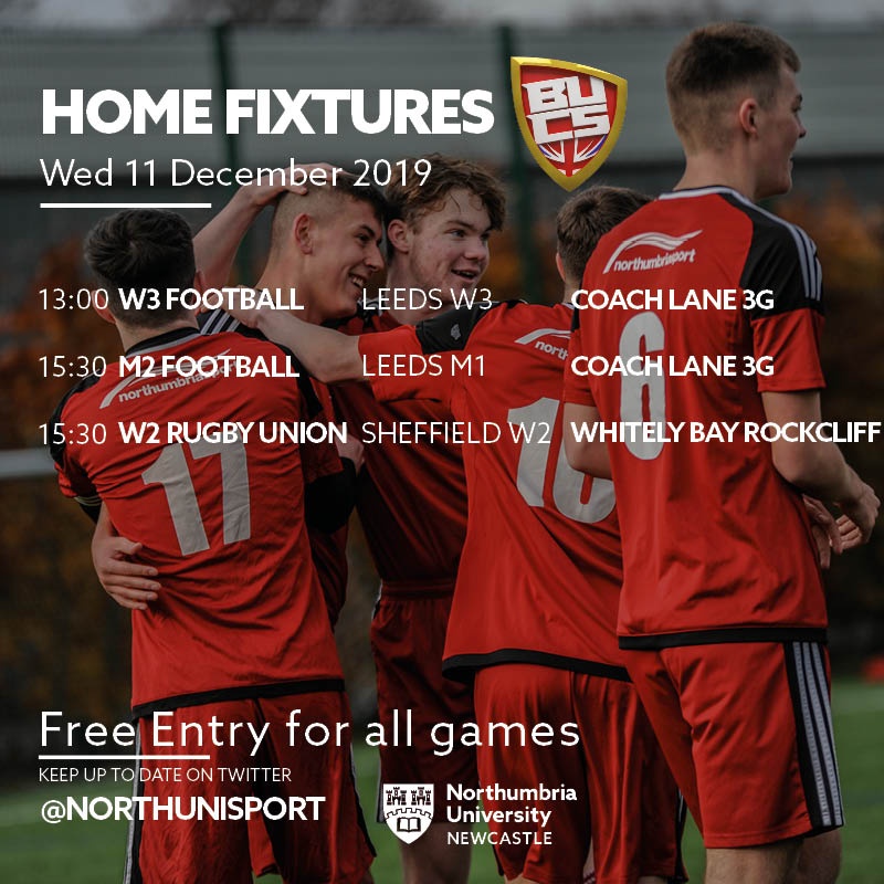 NorthUniSport's tweet photo. BUCS Fixtures | Here are all of tomorrow's home and away fixtures, good luck to everyone competing! Make sure you come down to support! ⚽ 🤽🏻‍♀️ 🏉 #IamNorthumbria #BUCSWednesday #GetActiveYourWay https://t.co/bA6CCeUcgu