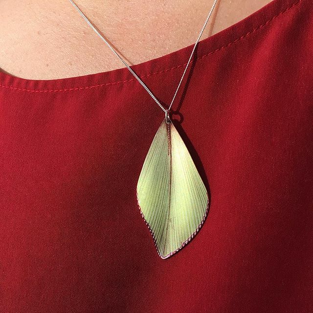 Dainty green Diamond Palm necklace with it’s slinky curves. Would look fabulous against any strong colour dress or top. Handmade from recycled aluminium and very light to wear! #contemporaryjewellery #botanicaljewellery #leafjewelry ift.tt/359DDyn