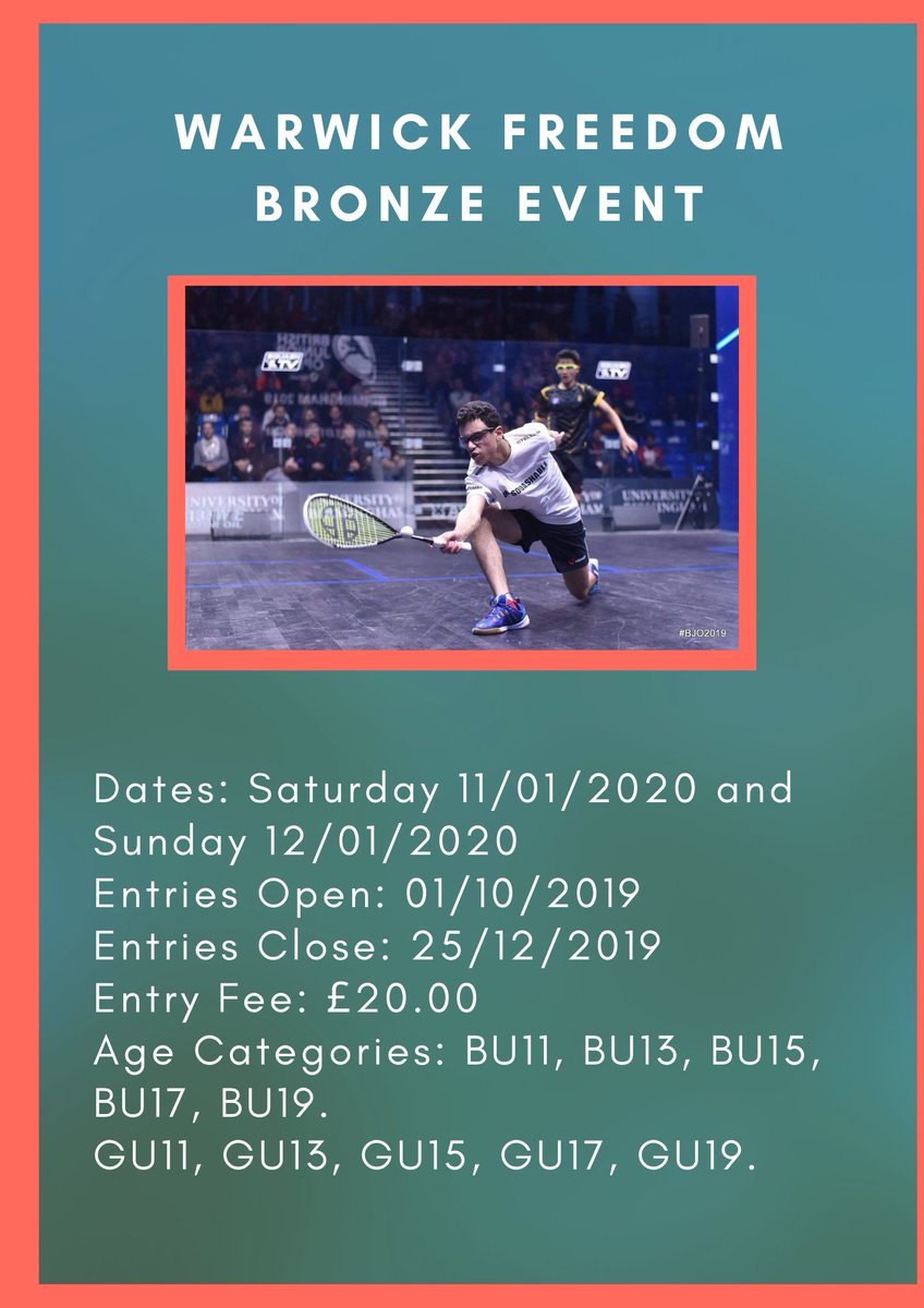 StratfordSquash's tweet photo. ⚠️⚠️The Warwick Freedom Bronze Junior Squash event will be taking place on the weekend of 11th and 12th January 2020. It would be fantastic seen as many Juniors from our club joining in on this very special tournament!! 👏👏
#tuesdayvibes #SquashGoals https://t.co/4ukAkUDxfb