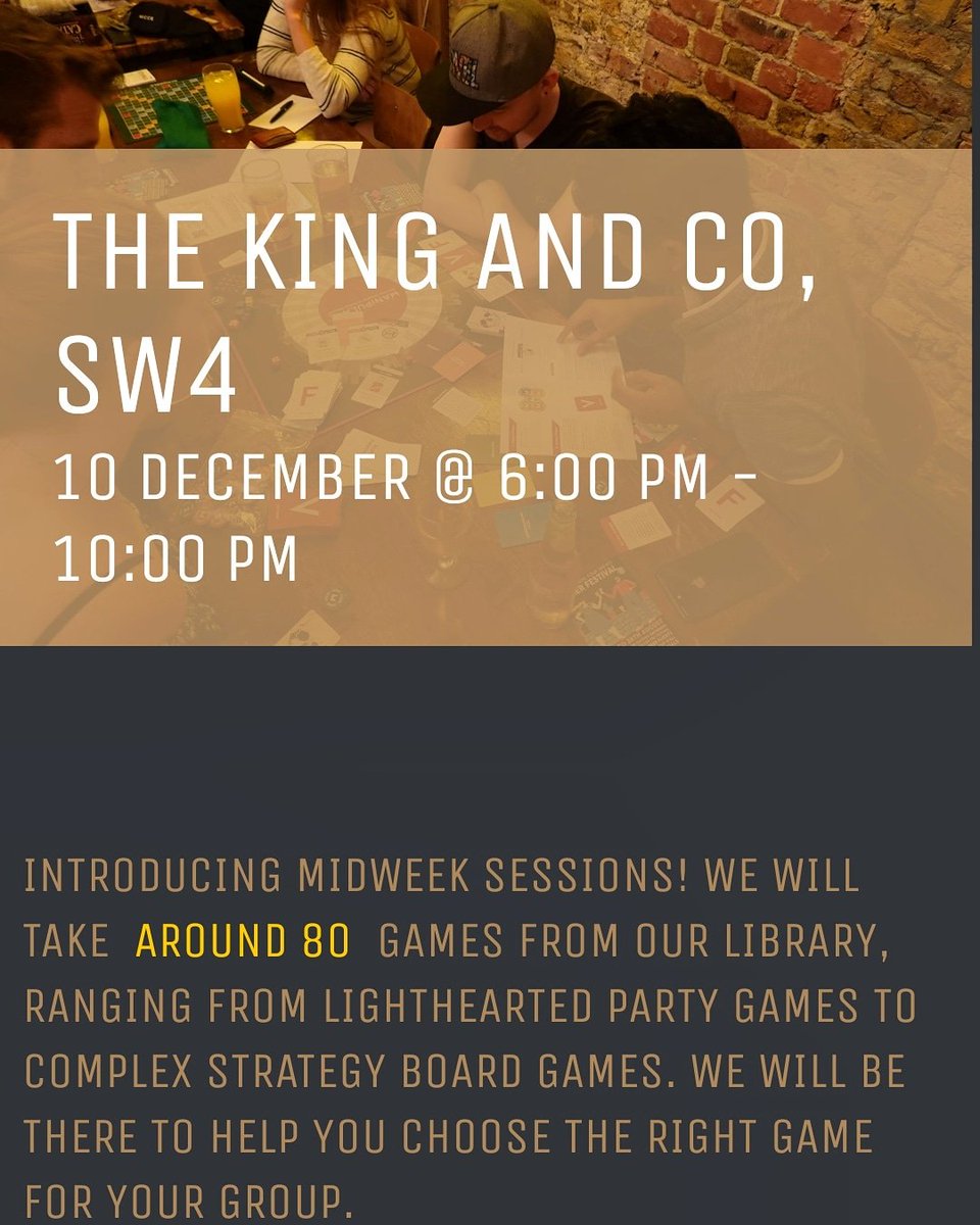 December days looking too full? Come take a weight off with a £3.20 real ale and EIGHTY board games to choose from! Check out <a href="/SoboardUK/">SoboardUK</a> event with us this evening 🃏🎲👌
.
.
#SW4 #Clapham #GamesNight #BoardGames #PubGames #RealAle #SouthLondon #Christmas
